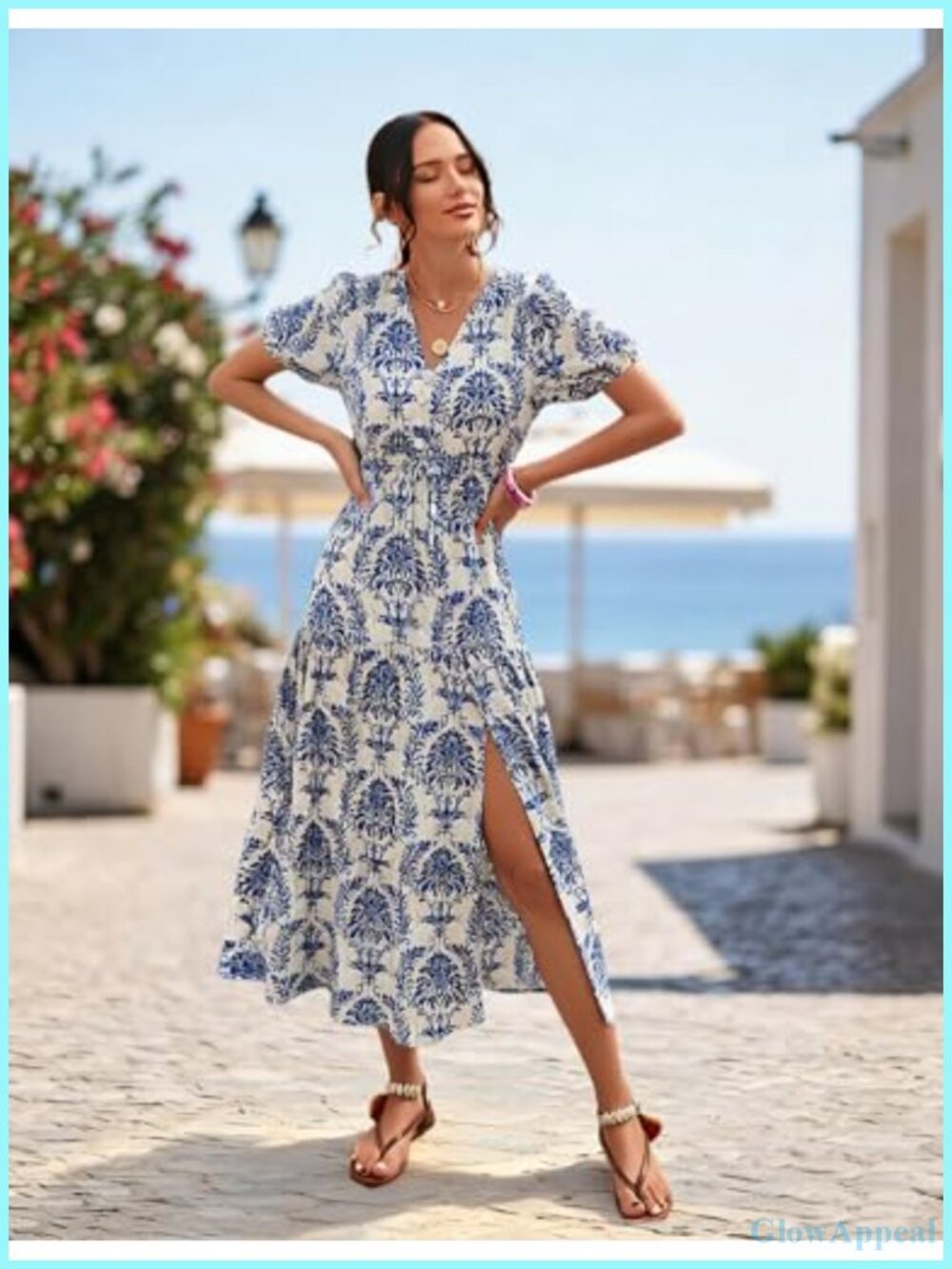 Boho Maxi Dress V Neck Puff Sleeve Tiered Split Flowy Casual Dress with Pockets - Picture 2 of 6